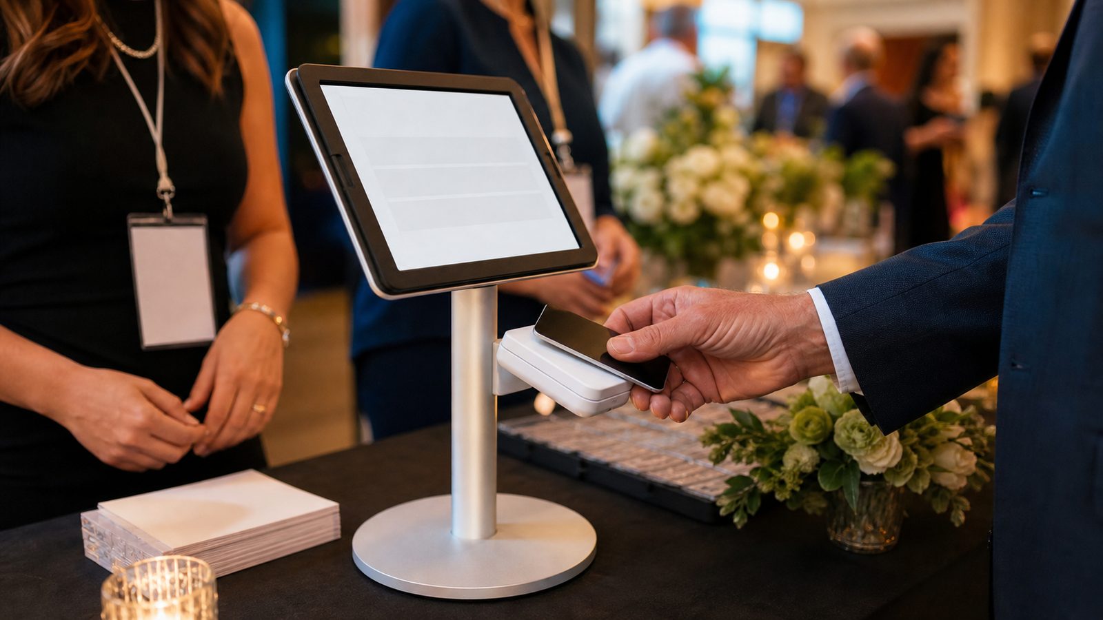 A supporter taps a card at a tablet giving kiosk during a nonprofit event check-in