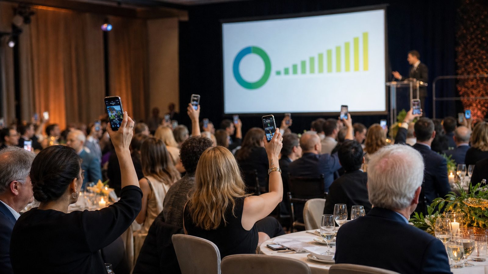 A nonprofit benefit dinner participates in a live fundraising moment with phones and a progress screen