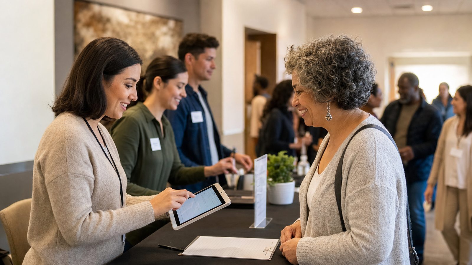 Volunteers use a tablet to check in attendees for a nonprofit event