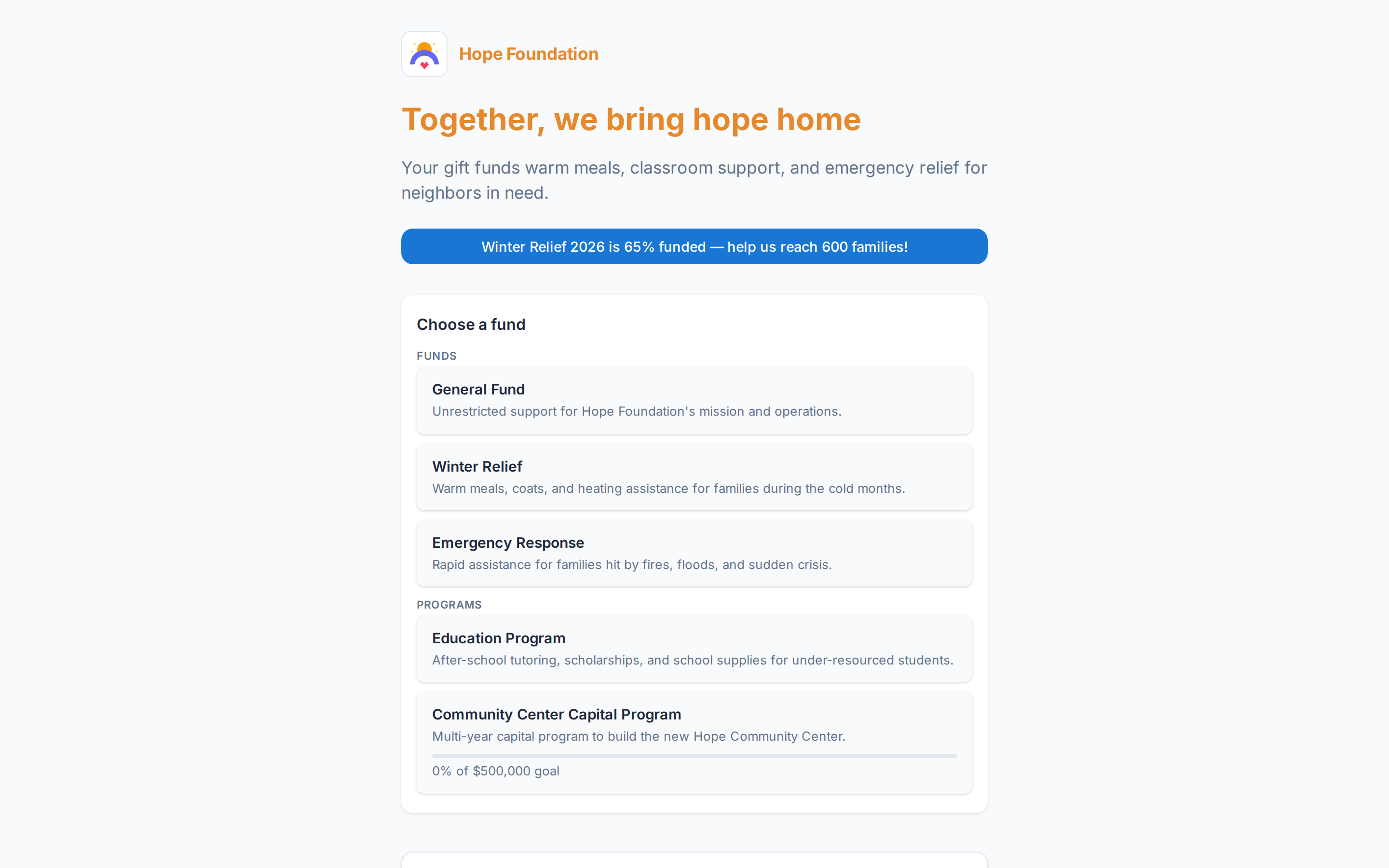 A live donate page, branded to the organization, with funds and amounts