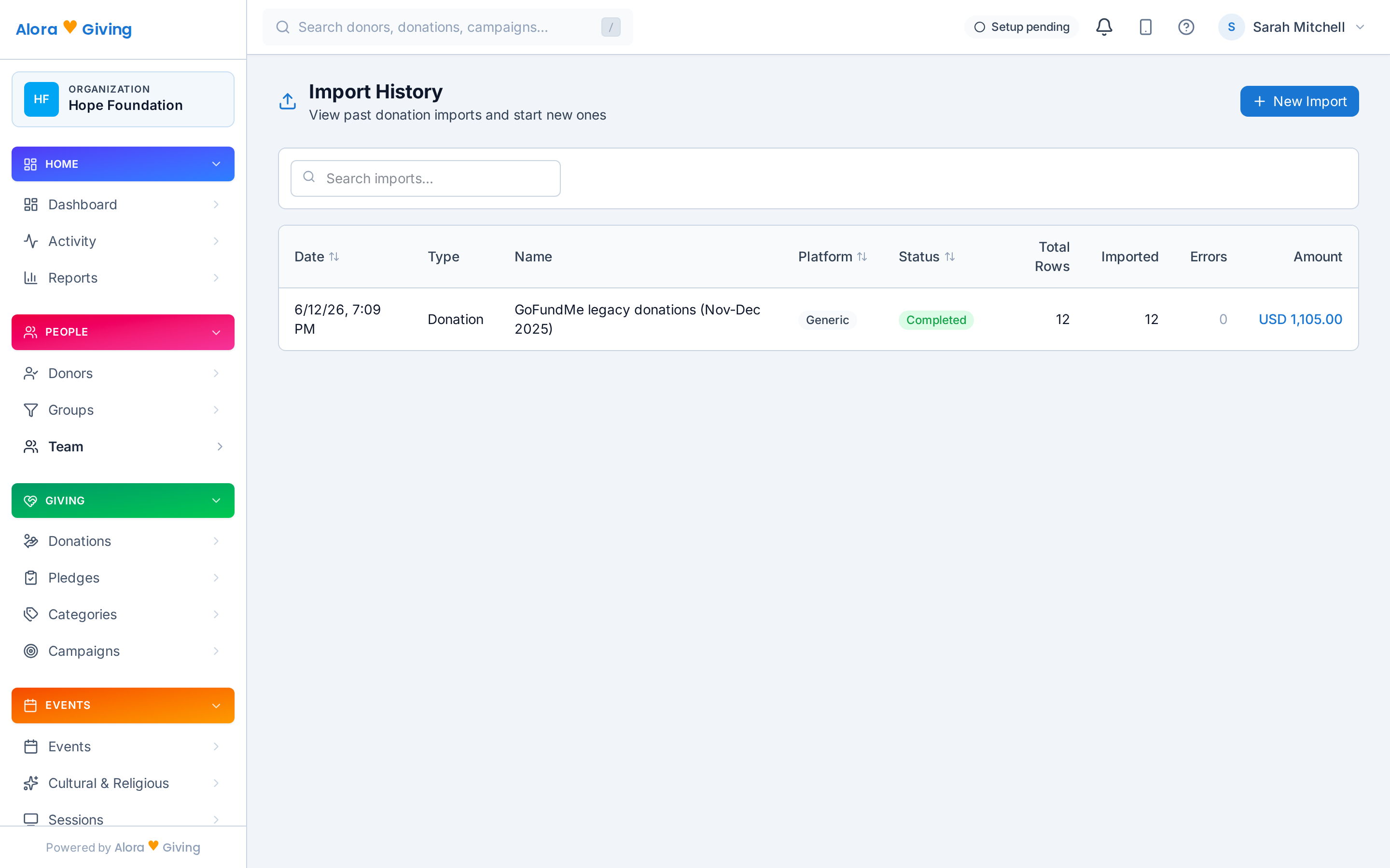 Import history list