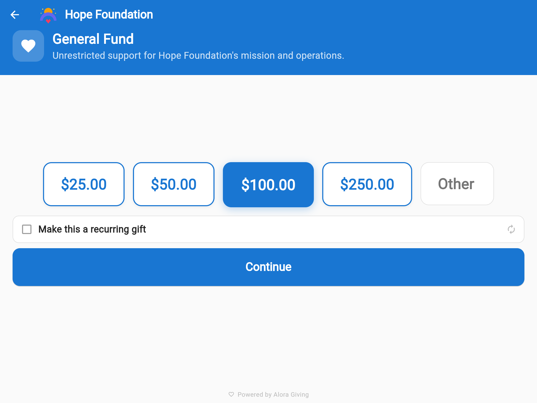 Kiosk amount selection with $100 highlighted