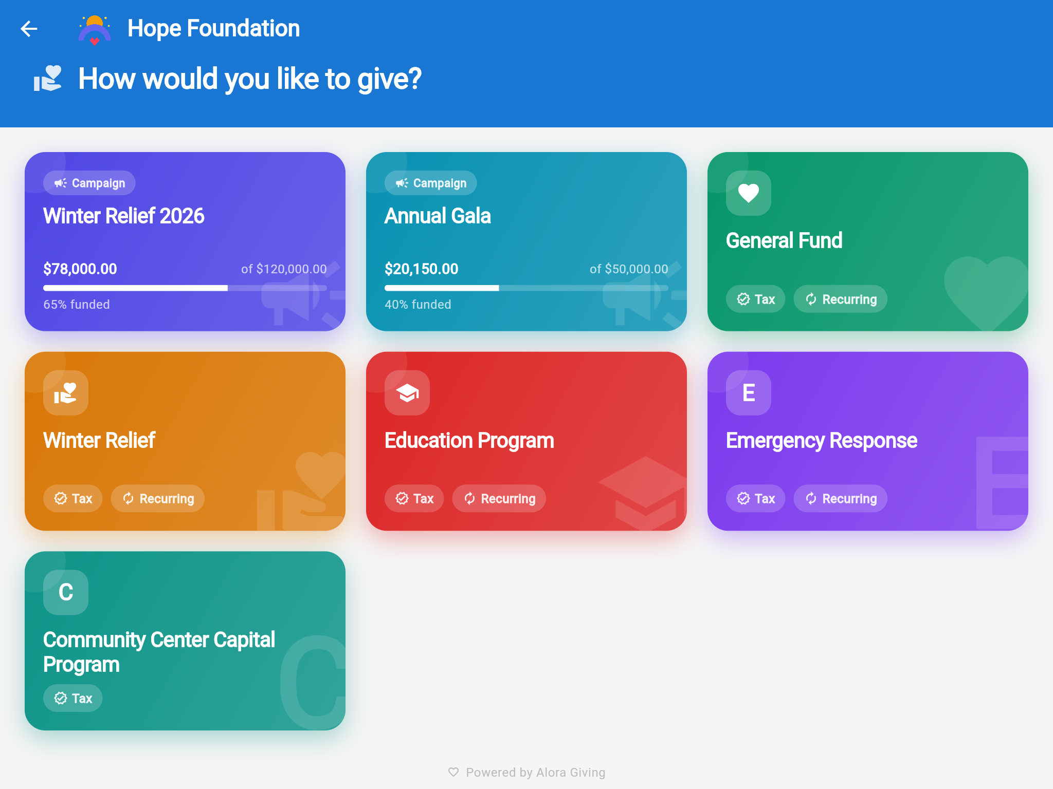 Giving kiosk — fund selection in three taps
