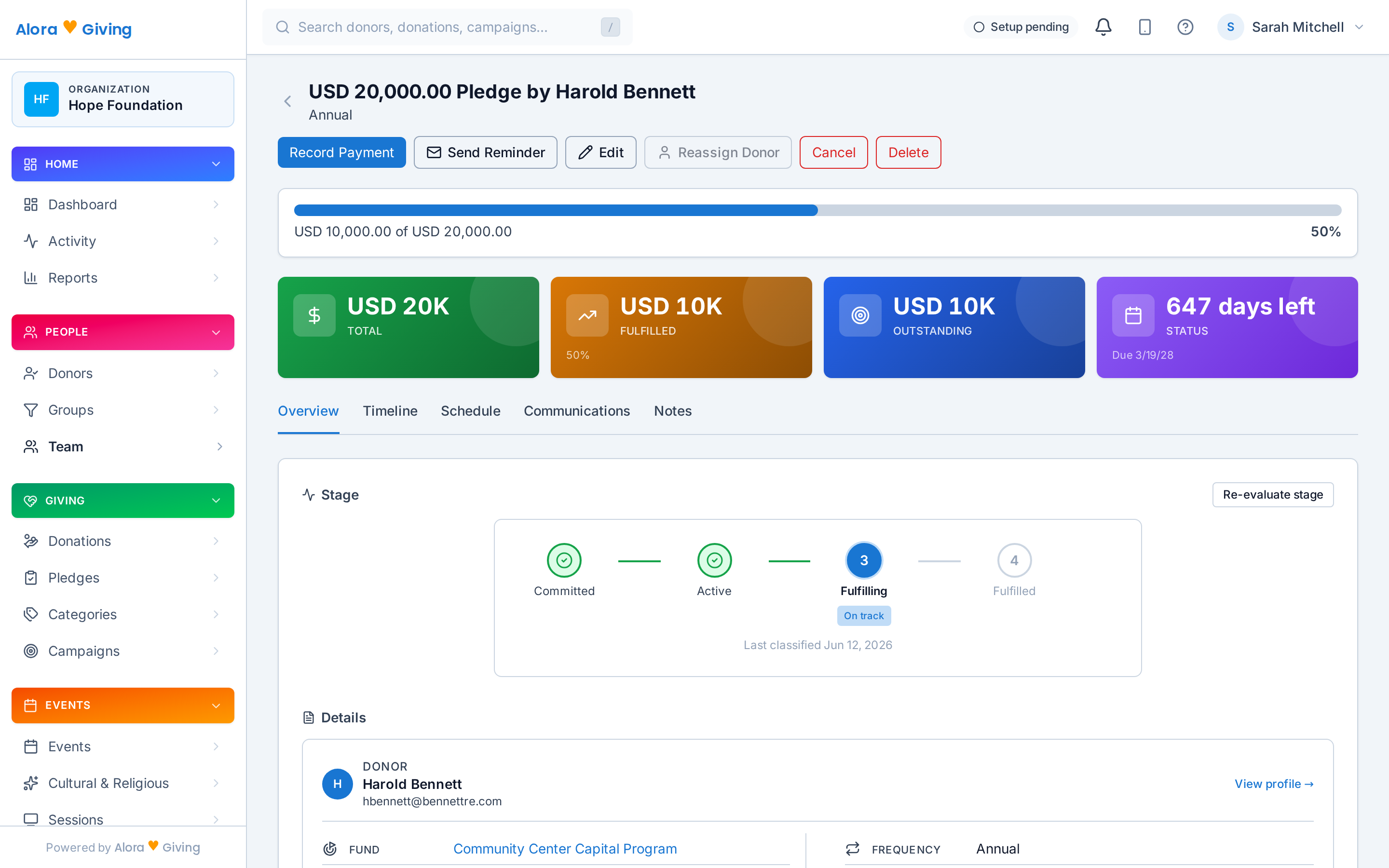 Pledge detail with fulfillment tracking