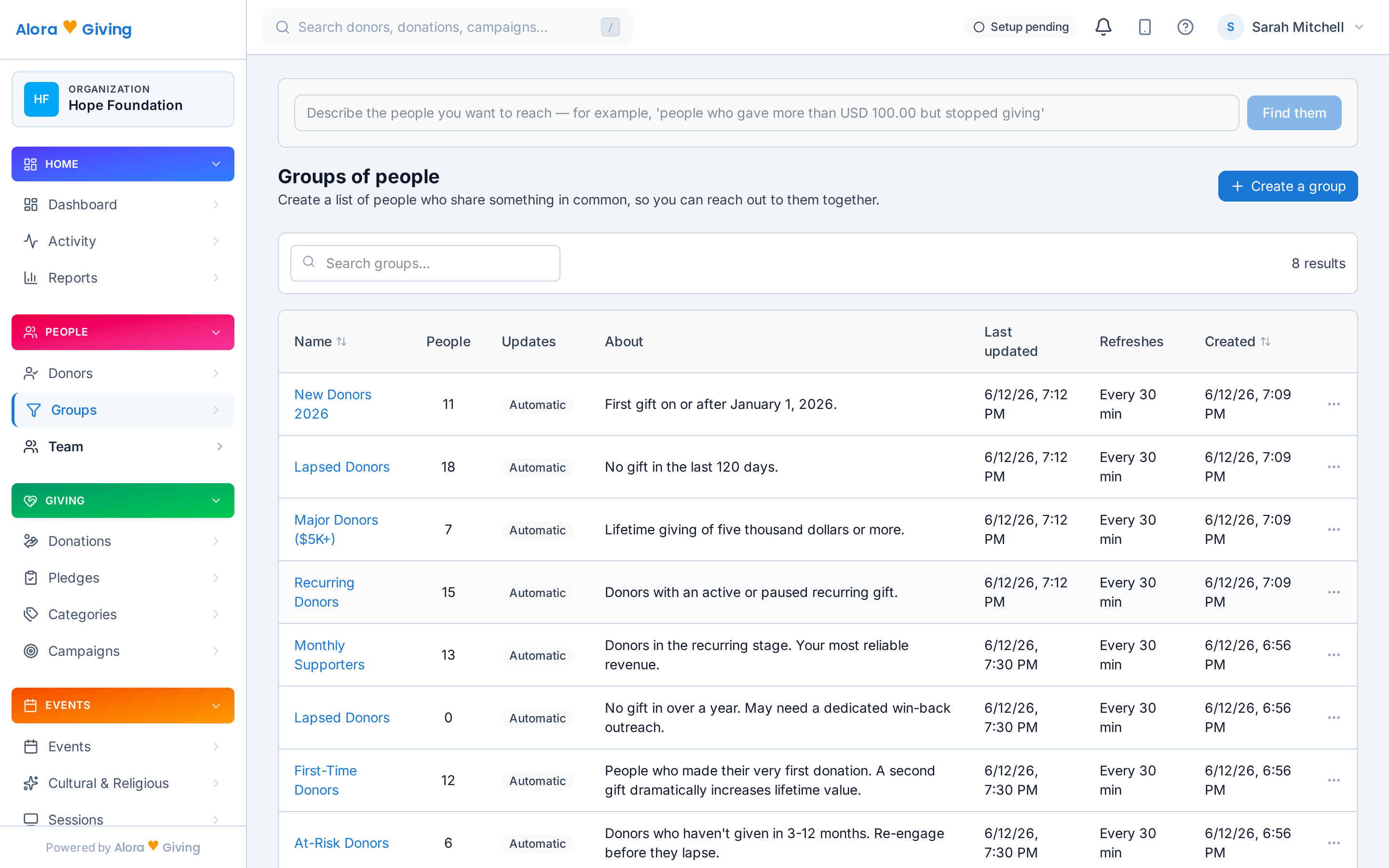 Segment list with behavior-based groups
