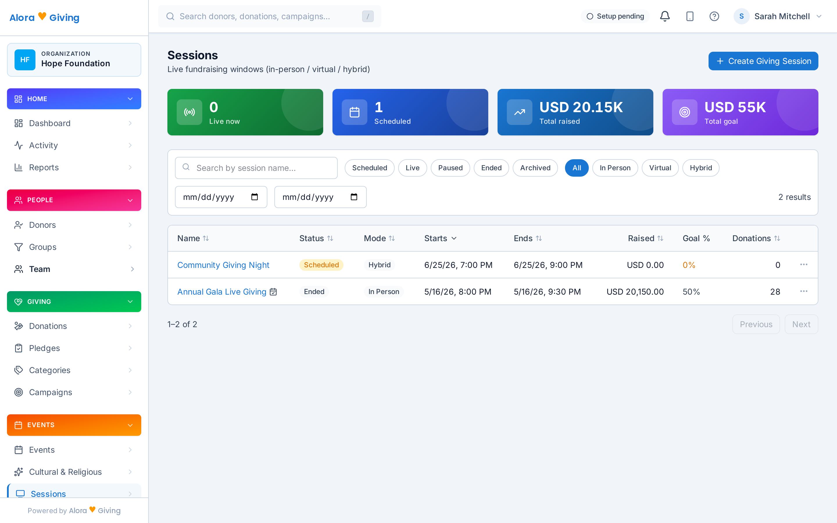 Live fundraising events in the Alora Giving dashboard — live now, scheduled, total raised, and goal