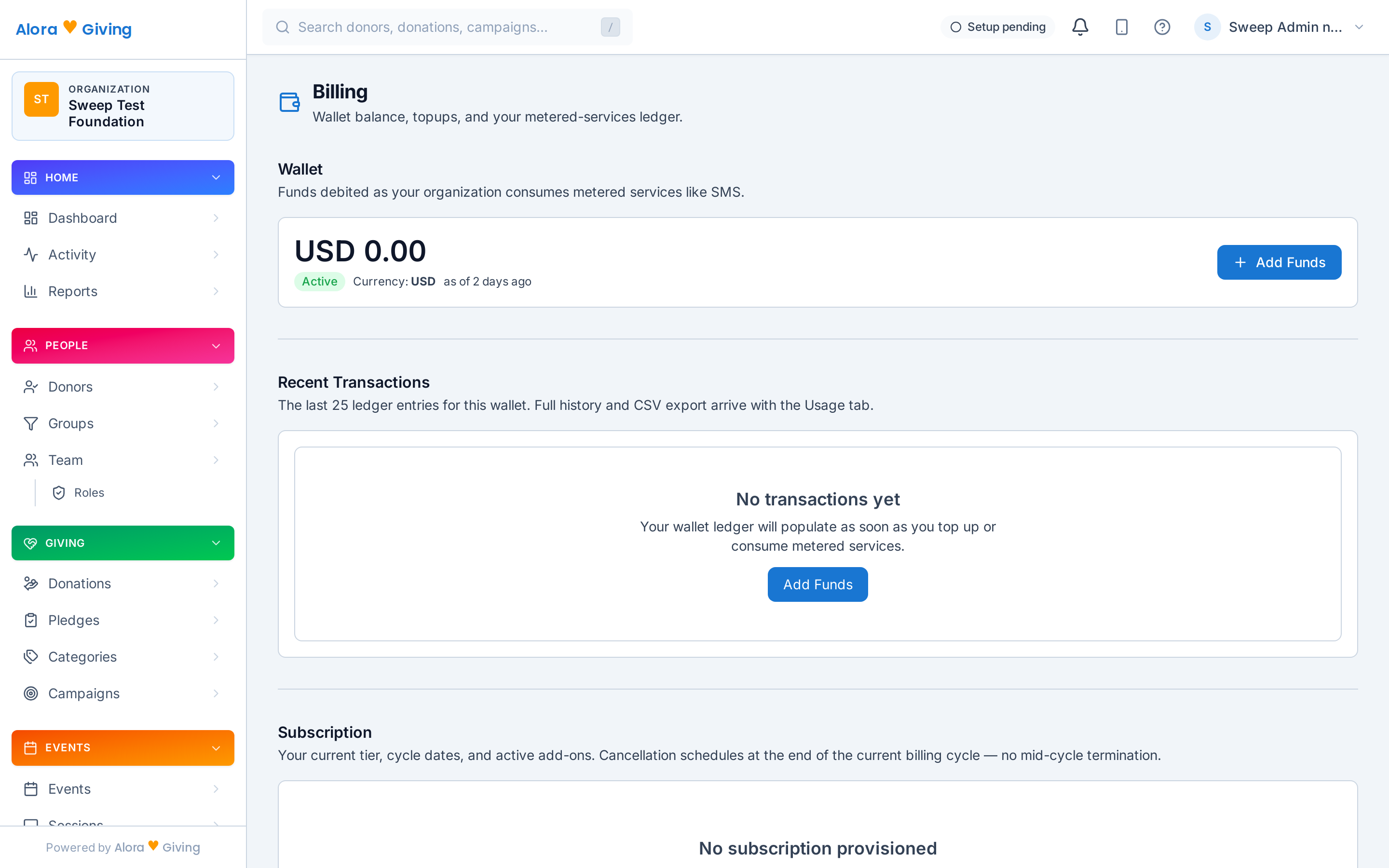 Billing settings and usage wallet in Alora Giving
