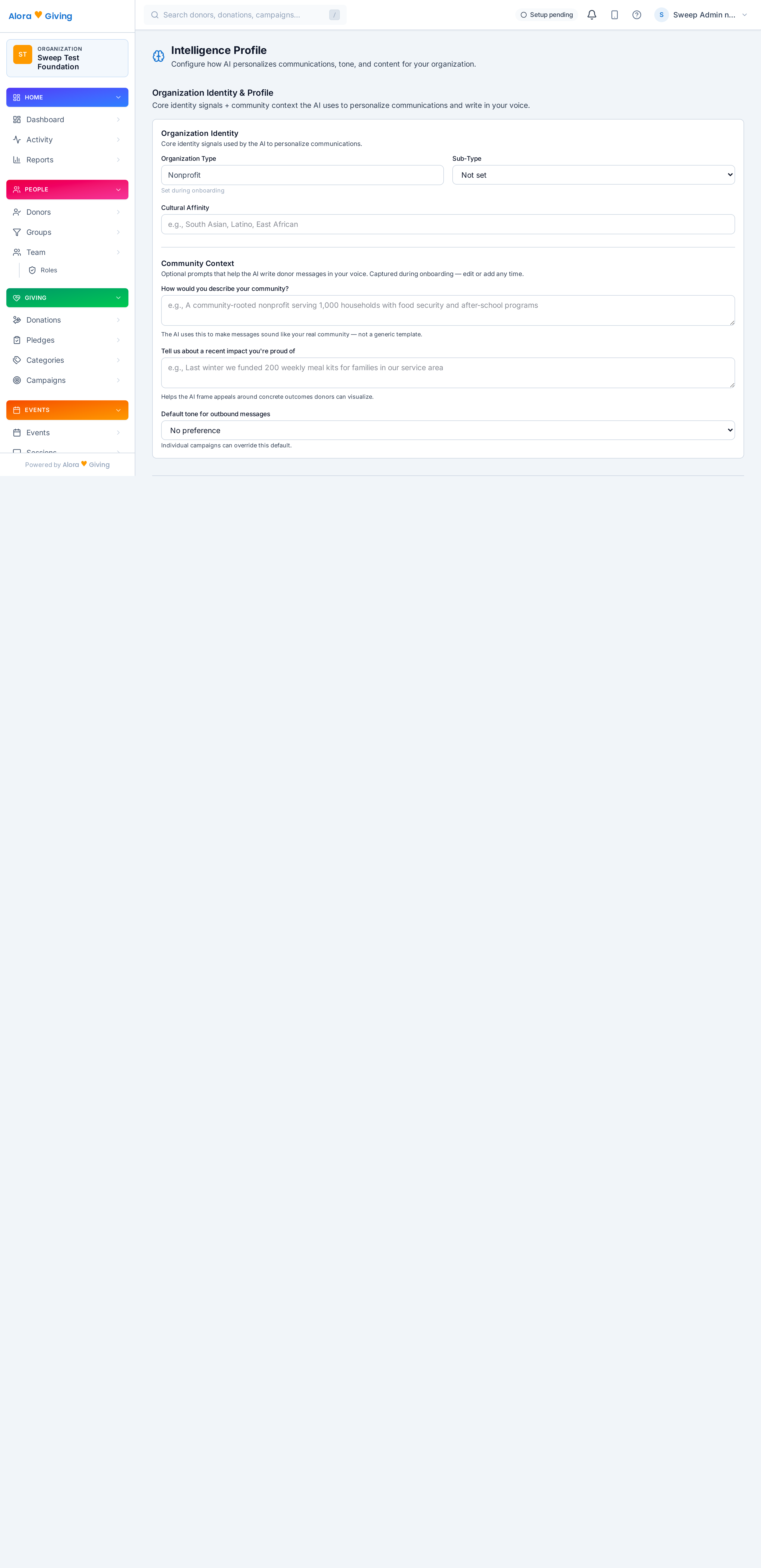 AI and intelligence settings for an organization