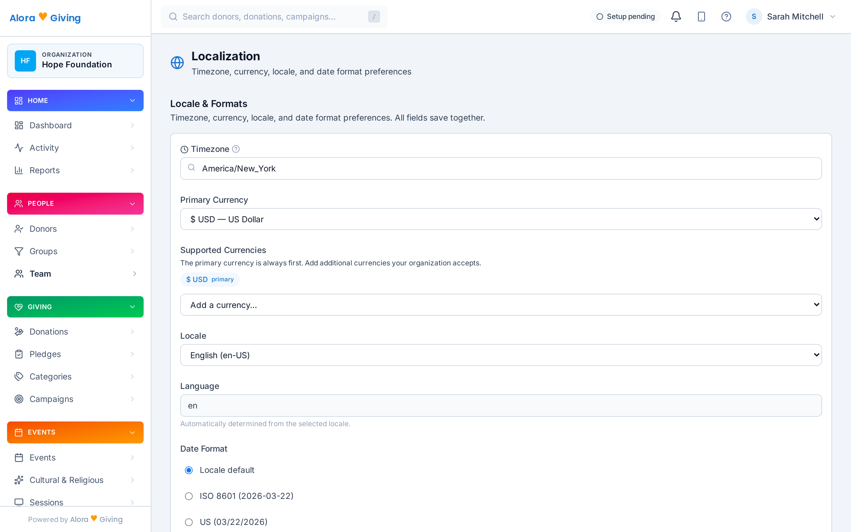 Localization settings for currency, language, and calendar